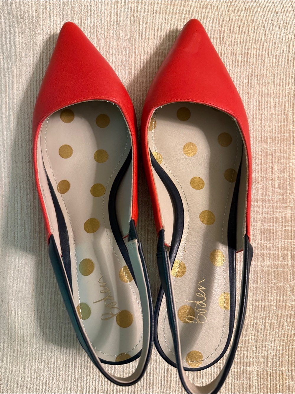 Boden Red Pointed Toe Slingback heels with Navy Trim size 39
